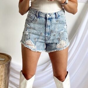 Rhinestone Fringe Light Blue Distressed Denim Shorts NWT Small Festival Concert